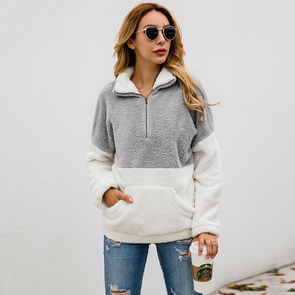 Gray & White Fleece Pullover with Zippered Collar - Picture 1 of 12